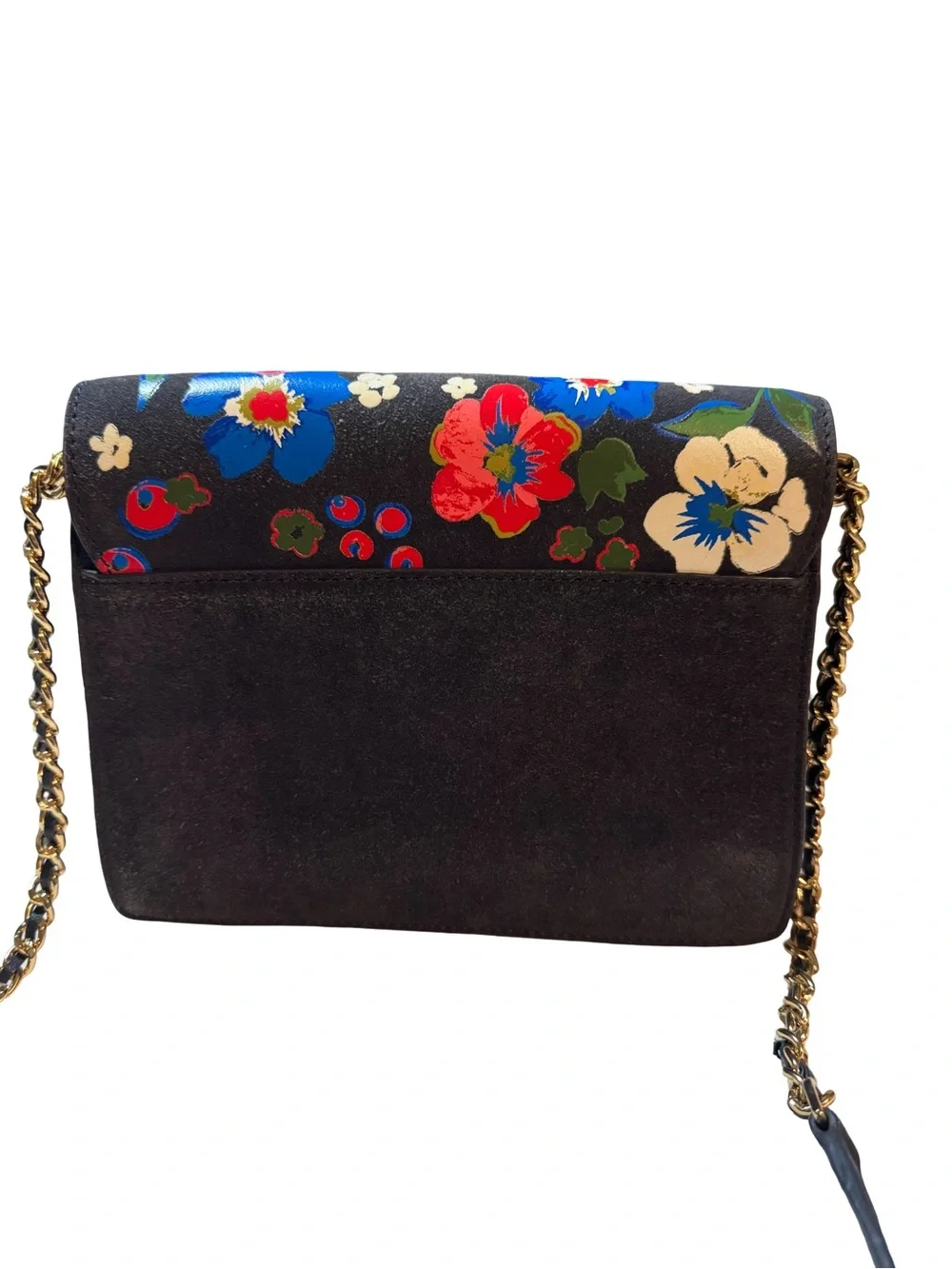 Tory Burch navy blue Floral Embroidered Crossbody with Gold Chain